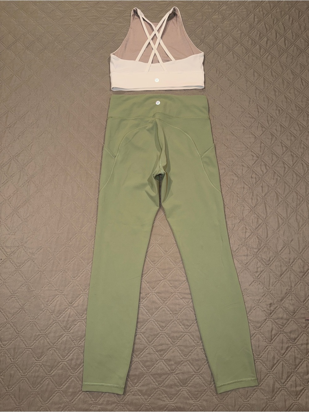 Lululemon Light Sage Green Leggings with White Strappy Sports Bra Bundle.